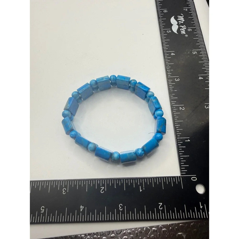 Blue Turquoise Stone Stretch Bracelet Block‎ Round Bead Southwestern Style
